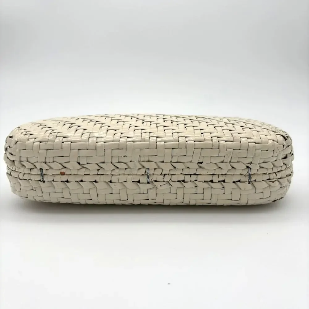 Rodo Italy Woven Cane Leather Box Clutch Ivory Gold Tone Vintage Bag